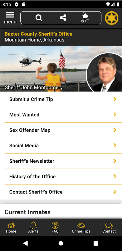 home screen of Baxter County Sheriff AR mobile app